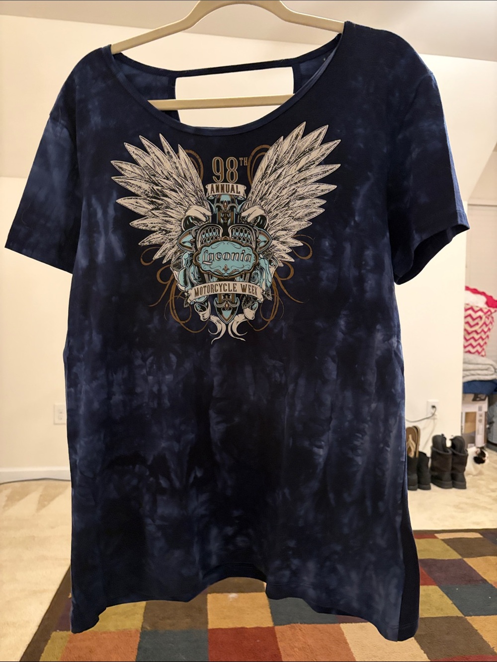 Onia Navy Blue Tie-Dye Short Sleeve Tee with Graphic Wingsppvh